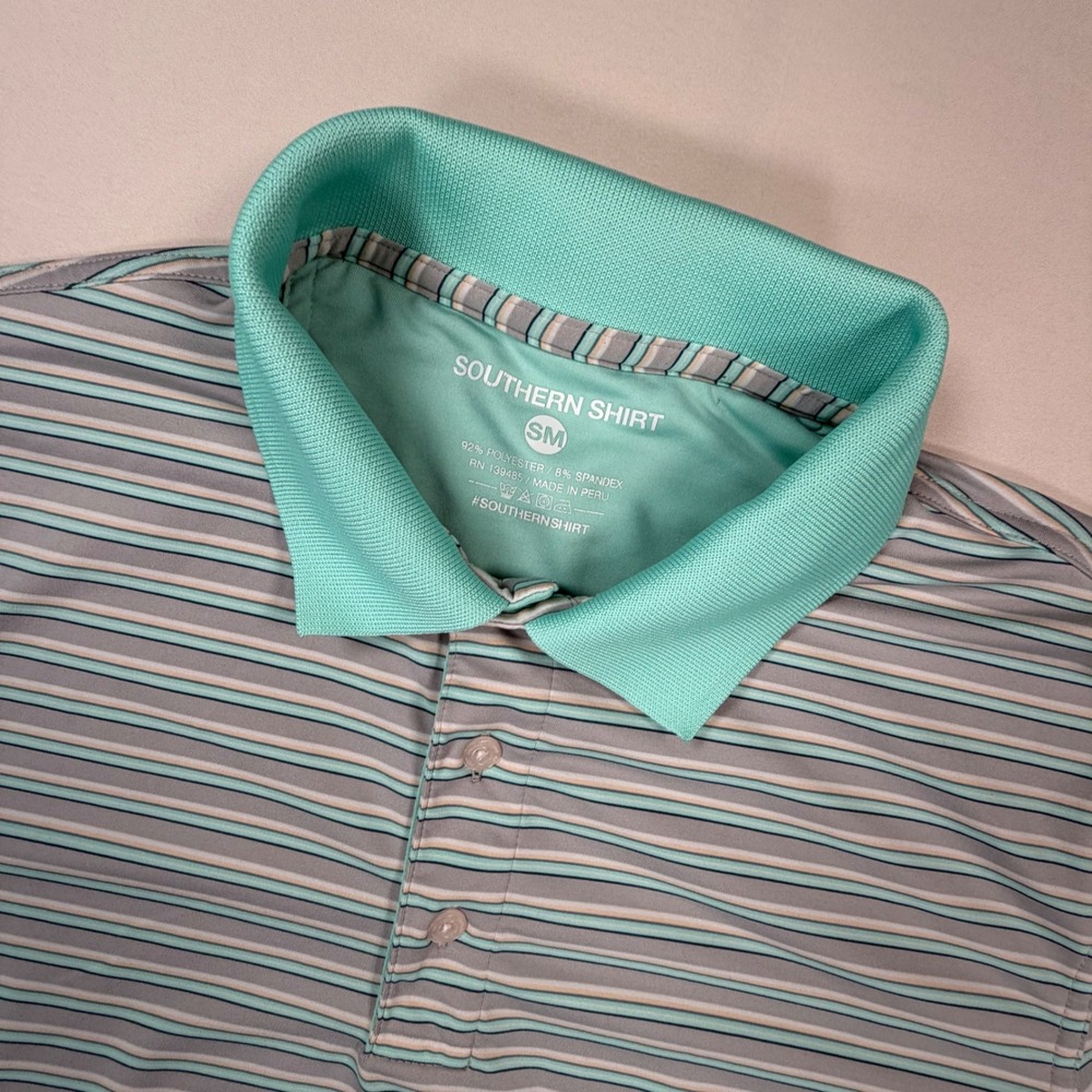 Southern Shirt Men Small Mint Green Grey Striped Performance Polo Short Slv 411‎